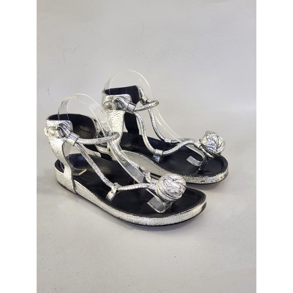Isabel Marant Thong Sandals Womens 36 Silver Cracked Leather Ankle Wrap Knot